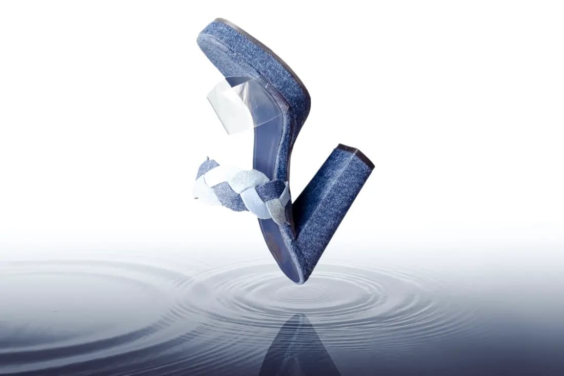 Creative denim sandal product photography with water reflection by Rahul Chanda, Dehradun commercial photographer
