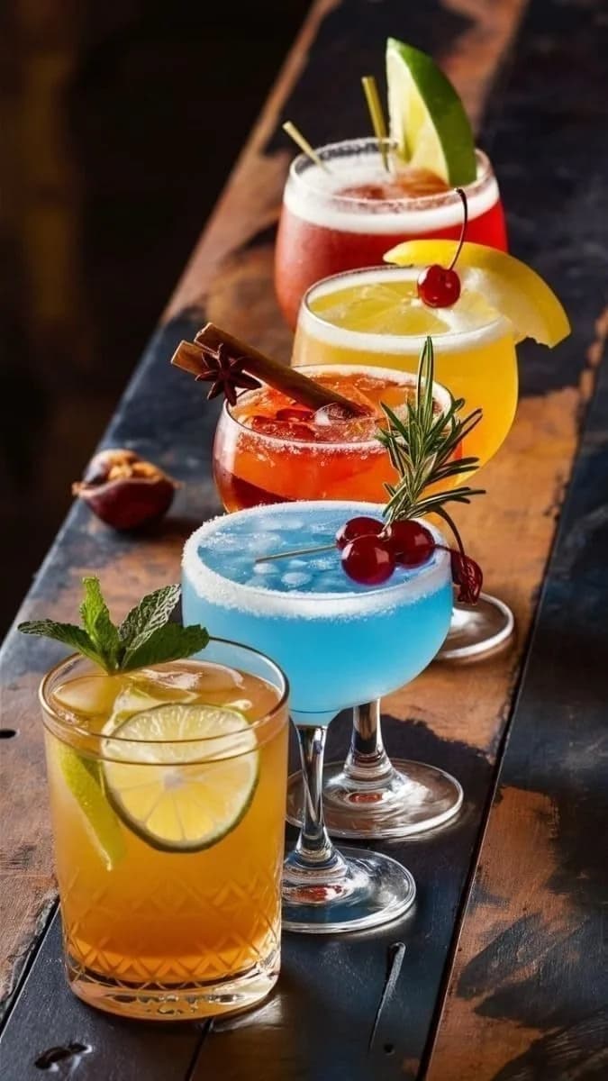 Trio of colourful cocktails on a wooden bar, beverage photography by Rahul Chanda, beverage photographer India
