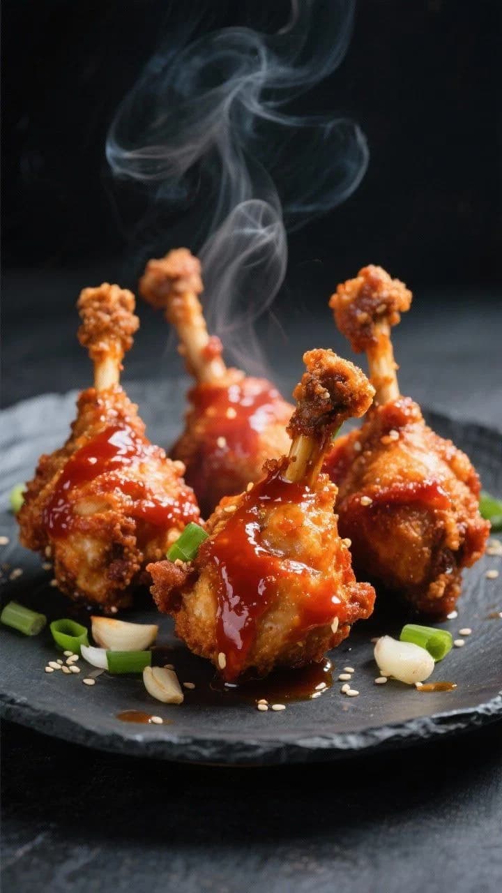 Crispy chicken lollipops with rising steam on a dark plate, food photography by Rahul Chanda, food photographer India