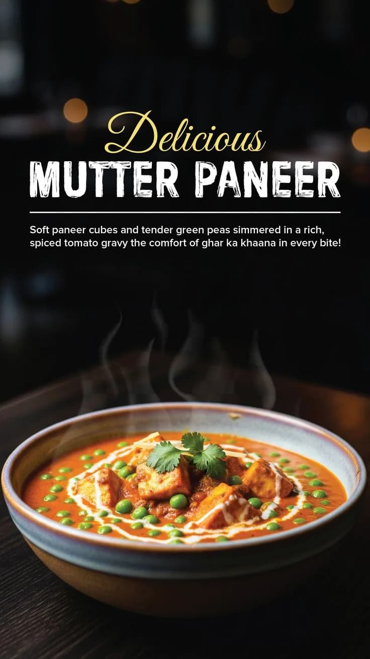 Mutter paneer menu design card with curry food photography by Rahul Chanda, restaurant branding photographer in Dehradun