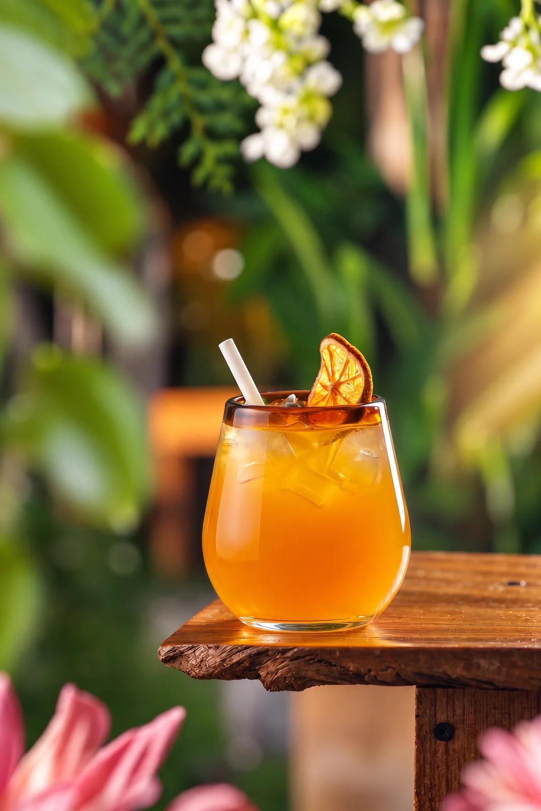Orange cocktail with dried citrus on rustic wood in garden light, beverage photography by Rahul Chanda, beverage photographer India