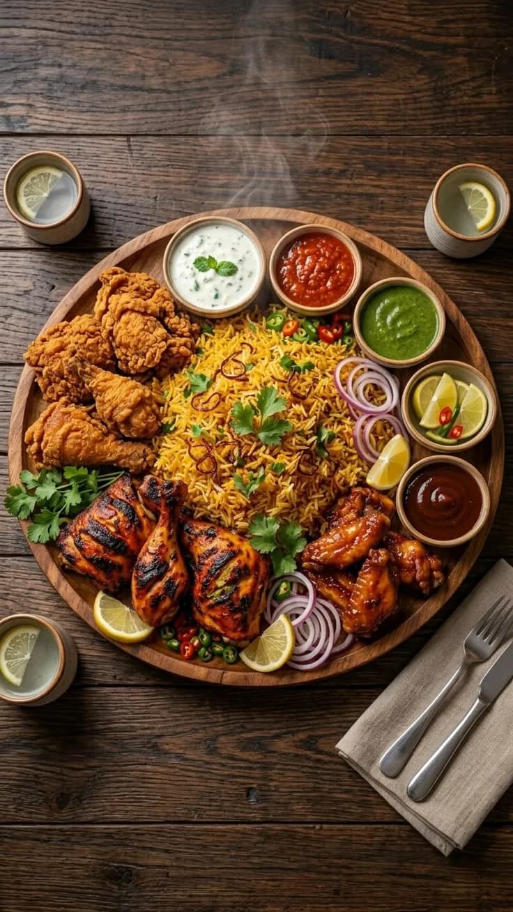 Overhead fried chicken and rice platter with chutneys and onion rings, food photography by Rahul Chanda, restaurant photographer India