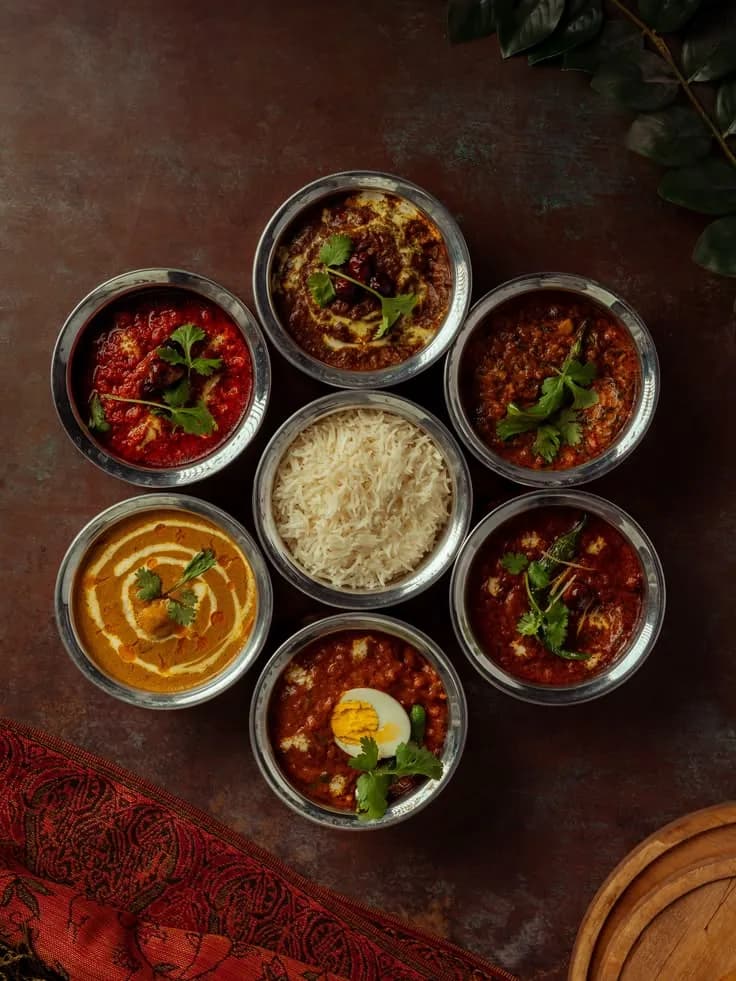 Overhead steel bowl thali with curries and rice, Indian food photography by Rahul Chanda, restaurant photographer India